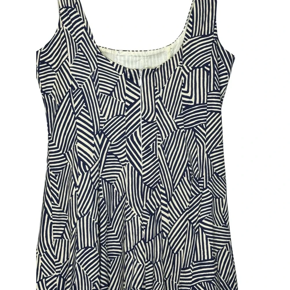 STAUD Wells Dress 6 Blue White Geometric Scoop Neck Fit Flare Midi Sundress - Picture 7 of 9
